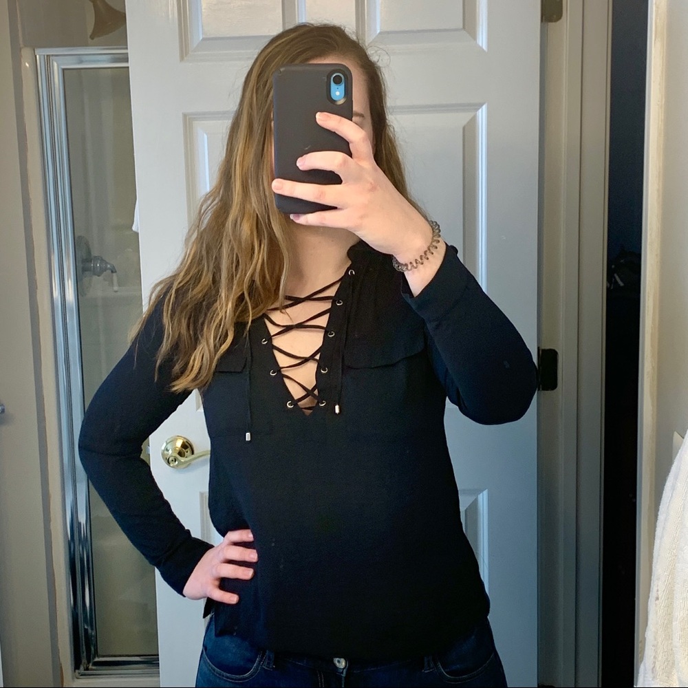H&M navy lace up cross cross blouse- size 6